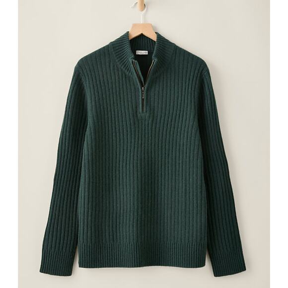 NWT GARNET HILL Men's Washable Cashmere Ribbed Sweater 1/4 Zip Emerald Green L - Picture 1 of 6